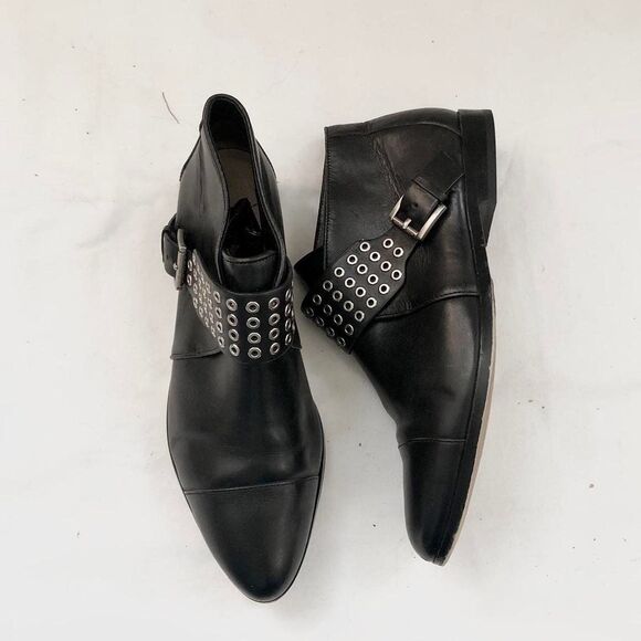 Michael Kors Ankle Boots Booties Black Genuine Leather Almond Toe Buckle Goth - Picture 1 of 8